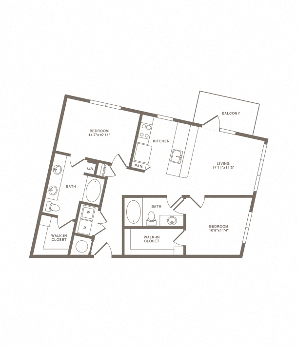 Floor plan for 2 beds, 2 baths, 1139 sqft